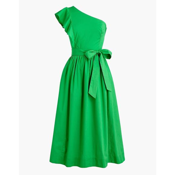 J.Crew One Shoulder Midi Dress A Line Ruffle Pockets Kelly Green US 00 NWT - Picture 1 of 12